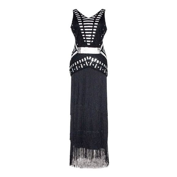 ✨🖤 Flapper Great Gatsby 1920s Retro Tassel Fringe Sequin Black Dress SIZE M NWT - Picture 3 of 17